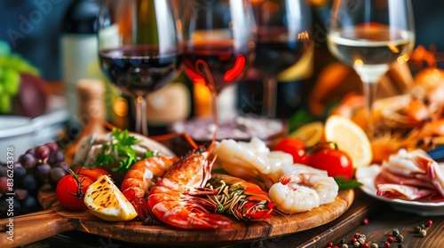 A close-up of a delicious seafood platter with shrimp, wine glasses and fresh ingredients. Perfect for a dinner party or special occasion.