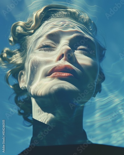 A woman's face seen underwater with light reflections creating a surreal effect. Her eyes are closed, lips slightly parted, and hair floating, evoking a calm, dreamlike atmosphere.