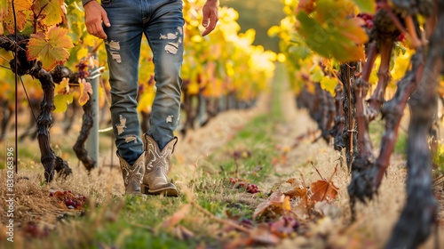 A man in distressed jeans and cowboy boots strolls through a picturesque vineyard, inspecting ripe grapes.