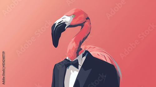 A pink illustrated flamingo dressed and standing as a man, generative ai