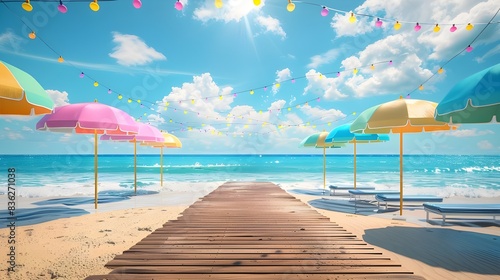Paysage de plage ensoleillée avec la mer turquoise, le sable doré et des ombrelles colorées. Atmosphère de détente parfaite pour des vacances estivales inoubliables.