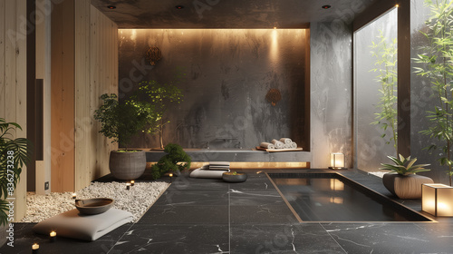 Modern tranquil onsen spa setting with natural wooden elements with dark stone and soft lighting