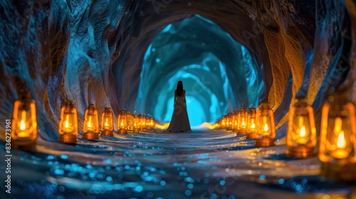 A woman in a white dress walking towards a large illuminated cave entrance. The cave is filled with glowing lights.