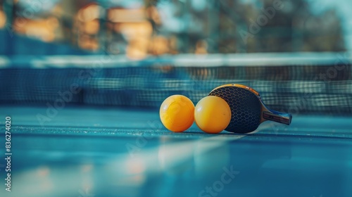 A pair of ping pong rackets resting against the net, with a ball on the table and the court backdrop clear. --ar 16:9 --style raw --stylize 250 Job ID: 0125773f-ce30-4208-88a3-ff6e65ede31c