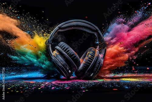 headphones with colored powder exploding