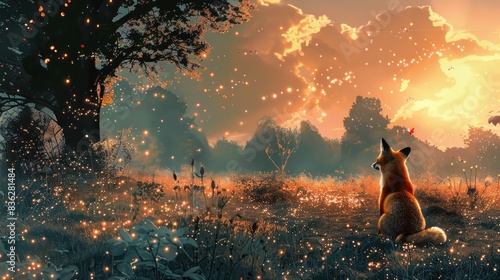 Fox in a meadow at dusk, fireflies creating a warm glow, serene twilight, panoramic view, whimsical digital art