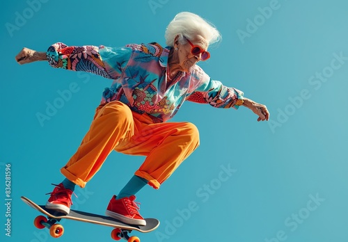 an old woman riding a skateboard