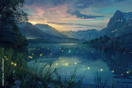 Lake surrounded by mountains, fireflies creating a mystical glow, dusk lighting, panoramic view, serene digital art
