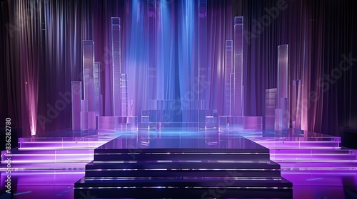 Contemporary acrylic podium with chrome details, positioned on a stage with dynamic lighting effects, ideal for highenergy corporate events