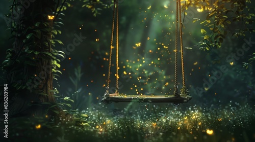 Fireflies dance around an old wooden swing, adding a touch of magic to the nostalgic scene.