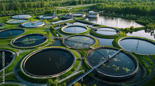 Aerial view of wastewater treatment plant, effluent and wastewater filtration. Industrial solutions for wastewater treatment and recycling