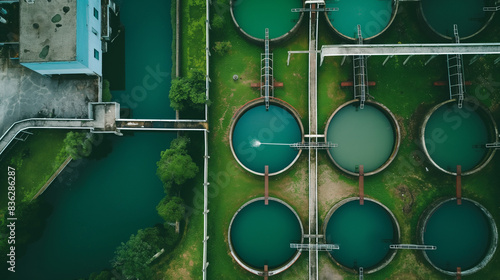 Aerial view of wastewater treatment plant, effluent and wastewater filtration. Industrial solutions for wastewater treatment and recycling