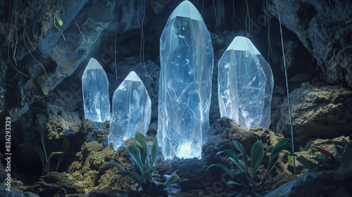 Five crystal rocks among cave plants