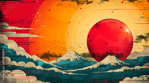 Abstract Japanese mountain scene with sun and clouds, Japanese style retro poster design vector illustration with grunge texture background, Generative AI