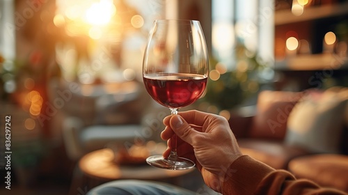 Man's hand holding glass of red wine closeup with home cozy interior on background . 