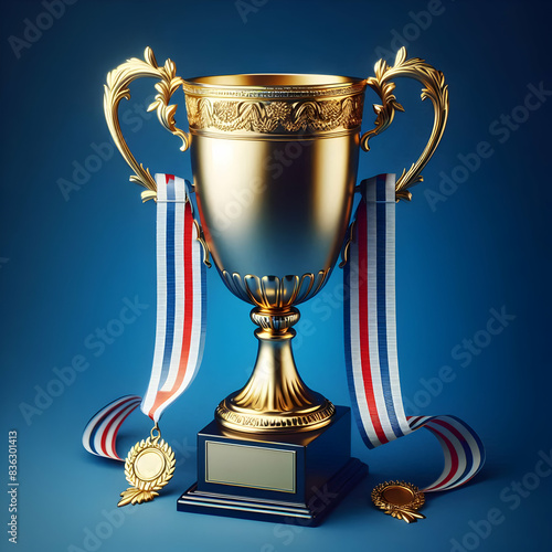 gold trophy cup with ribbon first, victory, win, shiny, metal, best, object, Ai generated 