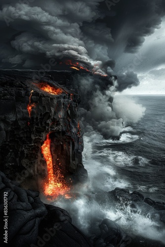 the gate to hell through a volcanic vent with hot lava and smoke. A dangerous journey through volcanic landscapes.