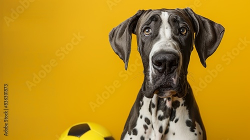 A Great Dane sits beside a soccer ball, looking up at the camera with a curious expression on its face.