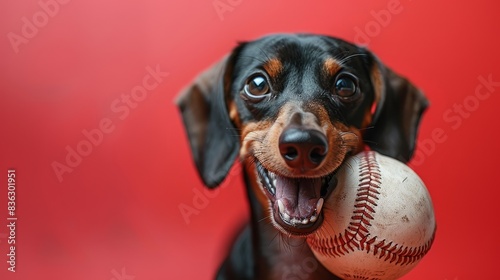 A cute dachshund dog with a baseball in its mouth on a red background.