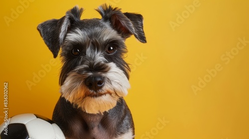 A cute black Miniature Schnauzer poses with a soccer ball.