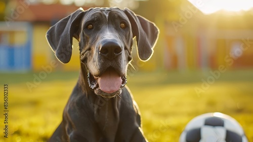 A Great Dane sits in the grass next to a soccer ball, looking up at the camera with a happy expression on its face.