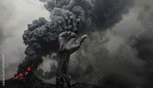 A charred hand in the fiery crater of a volcano welcomes tourists, ashes and smoke from the burning of magma.