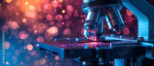 Close-up of a scientific microscope with colorful bokeh lights in the background, depicting research and technology in a lab setting.