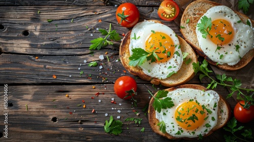 unusual recipe of scrambled eggs on bread with various spices and fresh vegetables on the background of a wooden table, healthy eating, proper diet, copy space, place for text