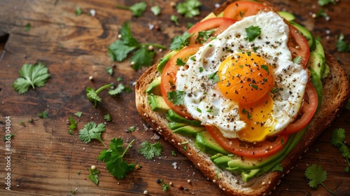 unusual recipe of scrambled eggs on bread with various spices and fresh vegetables on the background of a wooden table, healthy eating, proper diet, copy space, place for text