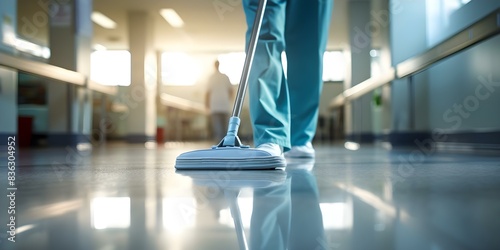 Cleaning staff meticulously mopping the operating room floor in a close-up shot. Concept Cleaning Staff, Mopping, Operating Room, Close-up Shot, Hygiene Practices