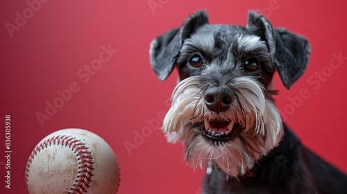 A cute black Miniature Schnauzer sits beside a baseball on a red background.