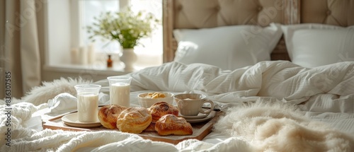 A luxurious breakfast in bed setup with a simple tray and elegant food presentation