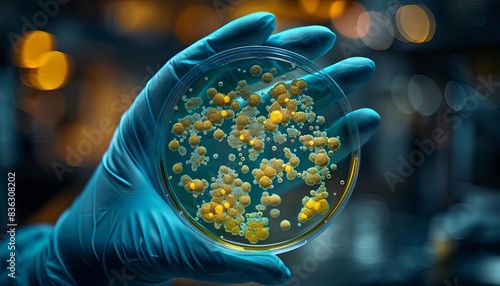 Gloved hand holding a petri dish with colorful bacterial colonies in a laboratory setting, showcasing scientific research and microbiology.