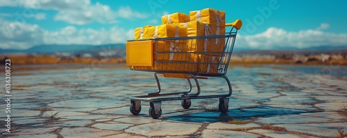 Yellow-themed shopping cart with parcels on desolate ground