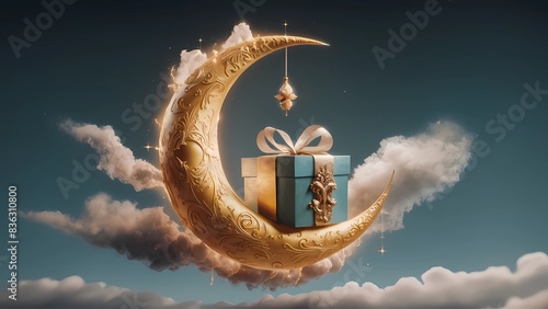 a gift box on a gold crescent with clouds . Ai generative. 