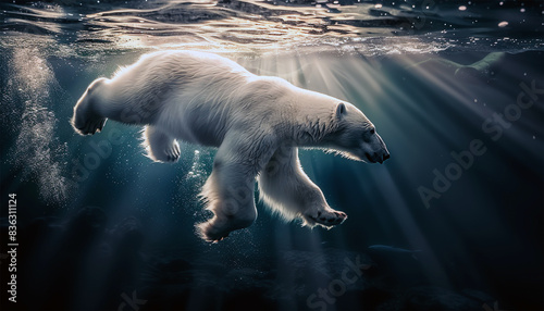 Action closeup of polar bear with big paws swimming undersea with bubbles under the water surface in a wildlife. Concept of dangerous climate change, endangered wild animals Slow-motion