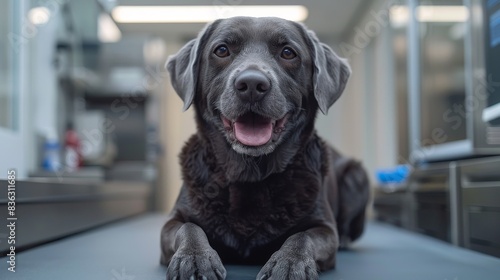 A black dog lies patiently on a stainless steel table at a veterinary clinic, waiting for a check-up