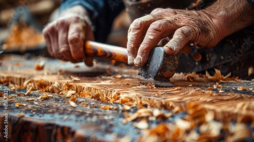 Detailed close-up of a carpenter's skilled hands using chisel and hammer to carve intricate designs in wood, showcasing craftsmanship, Created with Generative AI.
