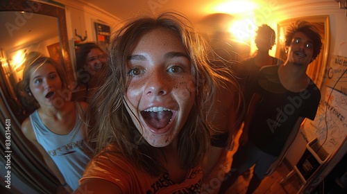 A girl shows excitement with wide eyes in a fish-eye lens effect with friends in the background