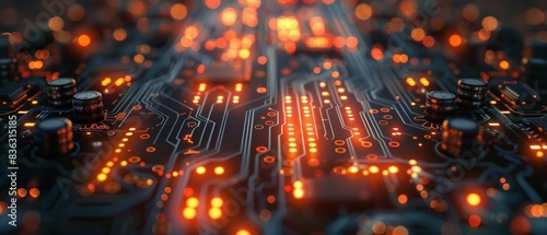 A high-tech background featuring a close-up of a circuit board with glowing pathways and components. The intricate design and high resolution bring out the fine details, making it suitable for
