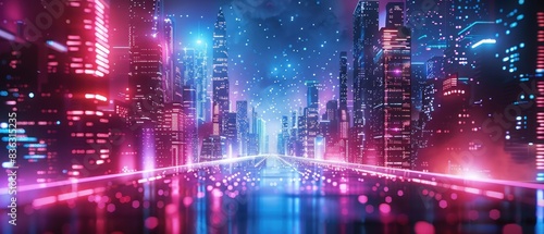 A vibrant and dynamic background showcasing a futuristic cityscape with towering skyscrapers and neon lights. The high-resolution quality captures the essence of a technologically advanced urban