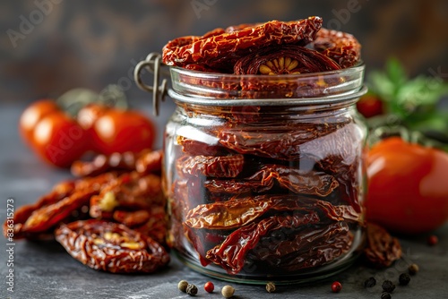 Dried tomatoes in a glass jar on a dark background