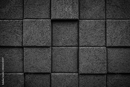 A black and white photo of a wall made of gray blocks. The blocks are arranged in a grid pattern, with some of them slightly overlapping. The photo has a minimalist and modern feel to it