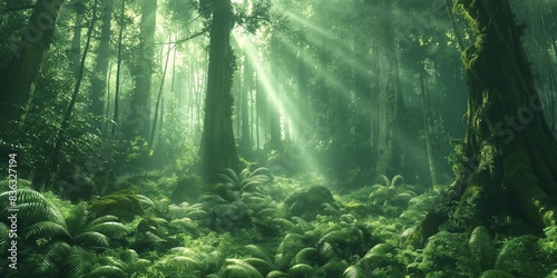 In the woods, foliage thrives amidst morning mist, kissed by sunlight's mystic rays.