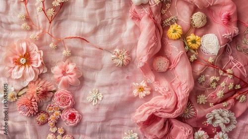 Macro photograph of handcrafted chain stitched florals on a pink cloth showcasing needlework as a pastime with a do it yourself theme from an aerial perspective
