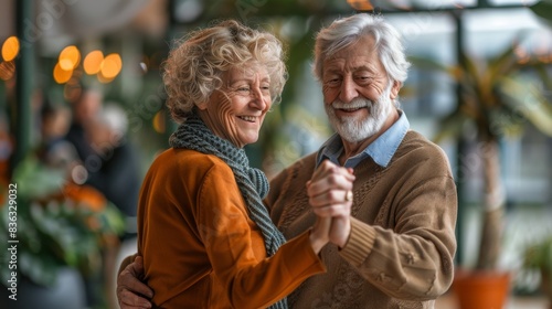 Romantic senior couple wife and husband dancing to music together. Happy cuple of seniors friends attend salsa dancing class, moving to the rhythm. Generative ai