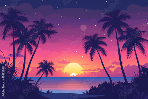 Exotic tropical landscape with palms. Palm trees at sunset or moonlight. Seascape. Tourism and travelling. Vector flat design