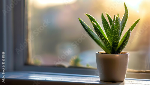 Aloe vera plant in the pot on windowsill with morning sun light