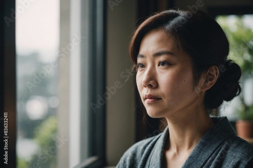 portrait of melancholic japanese woman by the window