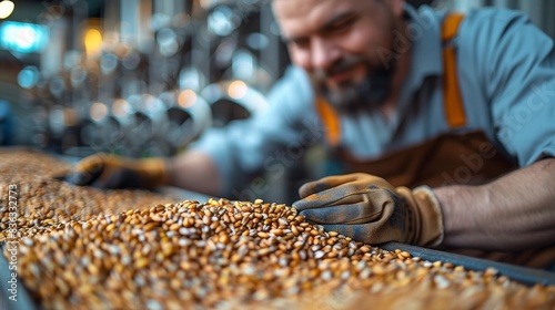 Worker in gloves attentively checks roasted malted barley grains at a brewery